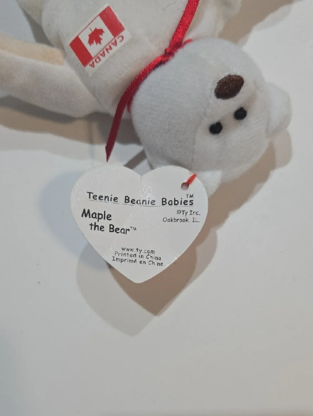 Maple Ty Plush Canada Bear in White with Red Ribbon